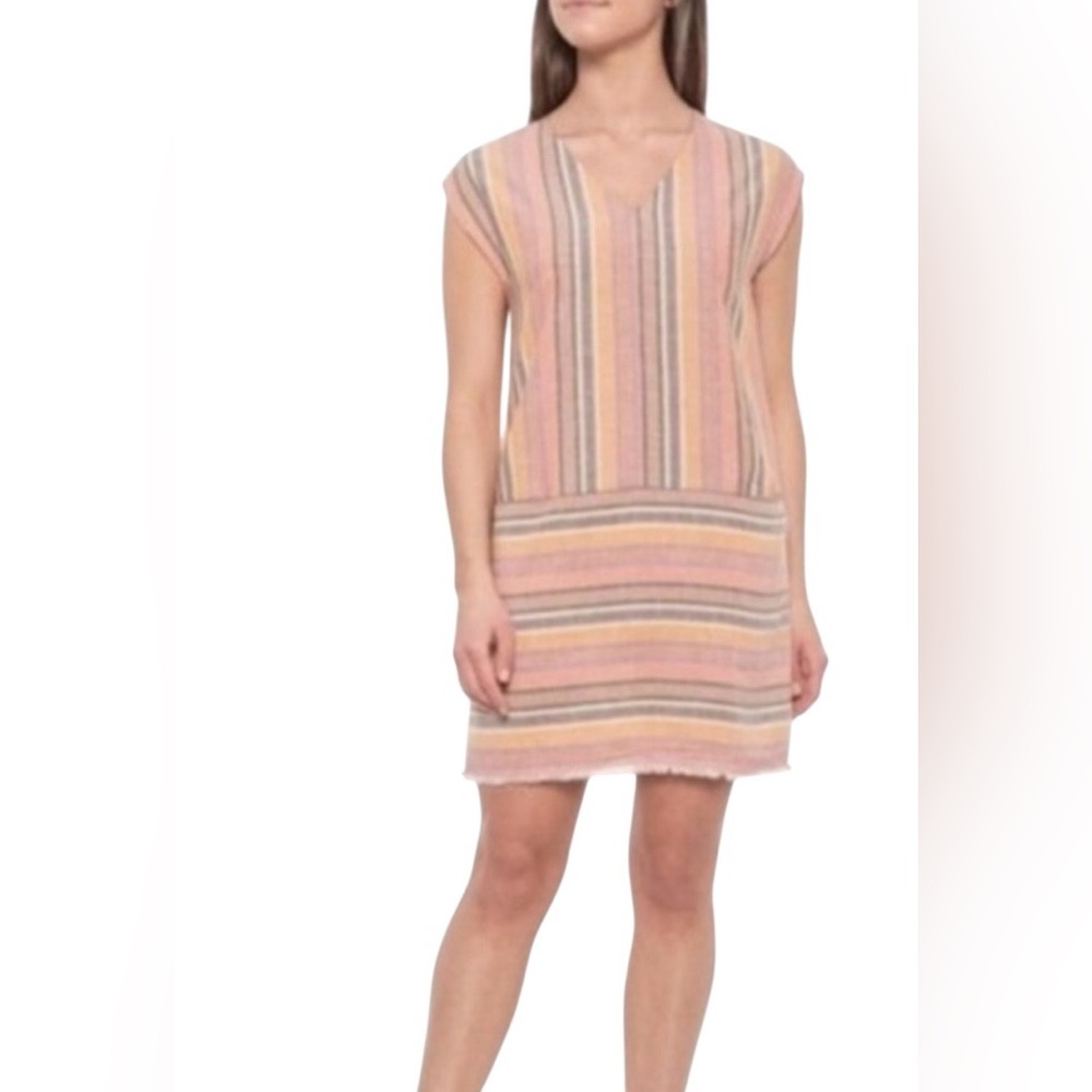 Drew Anthropologie Agave Striped Raw Hem Linen Blend Shift Dress Size M